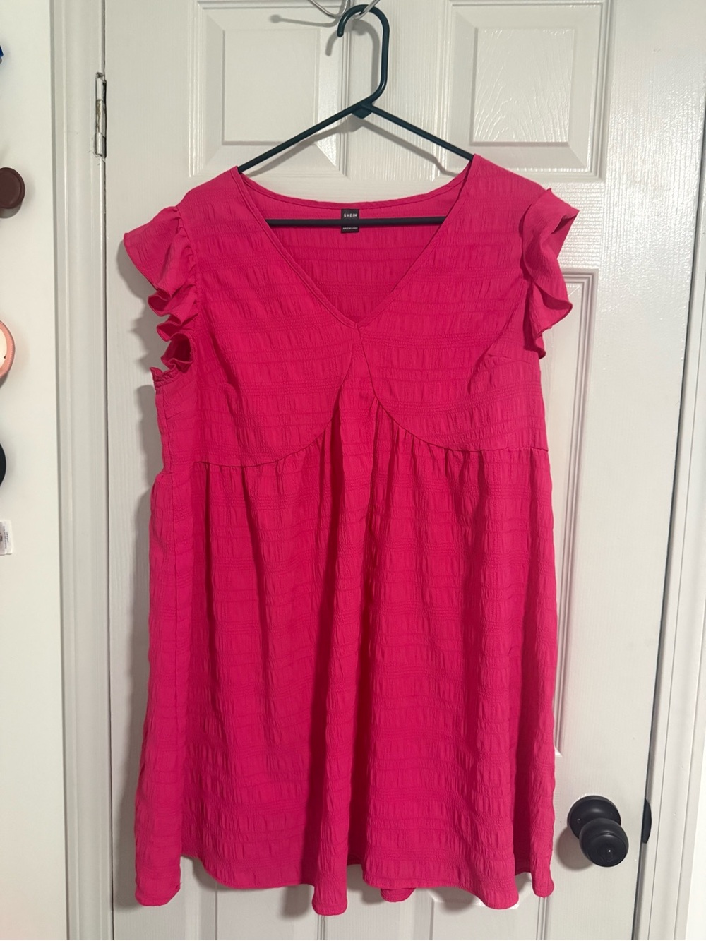 Bright Pink Ruffled Sleeve V-Neck Dress